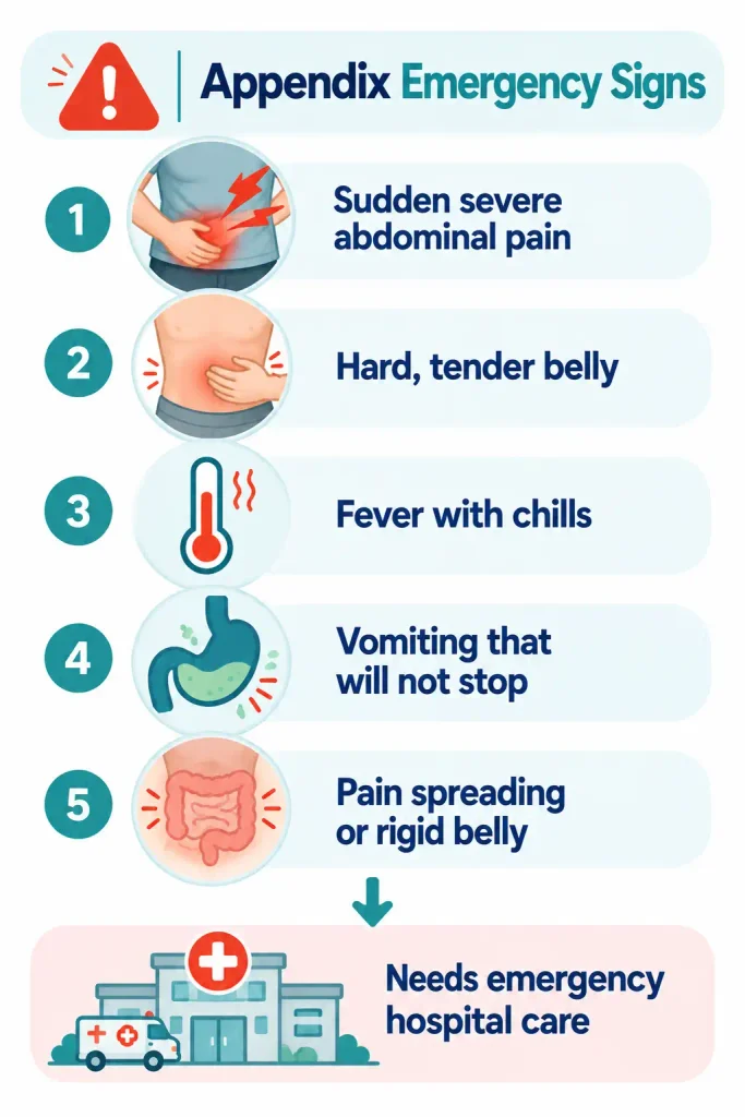 Infographic highlighting five emergency warning signs of appendicitis: sudden severe abdominal pain, a hard and tender belly, fever with chills, persistent vomiting, and spreading pain or a rigid abdomen. The graphic emphasizes the need for emergency hospital care.