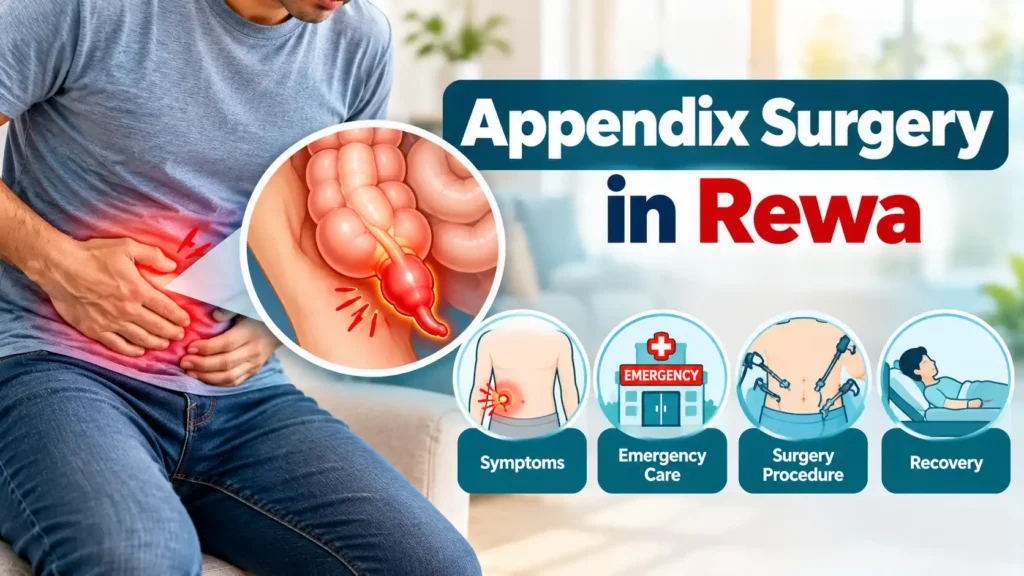 Appendix surgery in Rewa featured image showing a patient with lower-right abdominal pain, an illustration of an inflamed appendix, and icons representing symptoms, emergency care, surgery, and recovery.