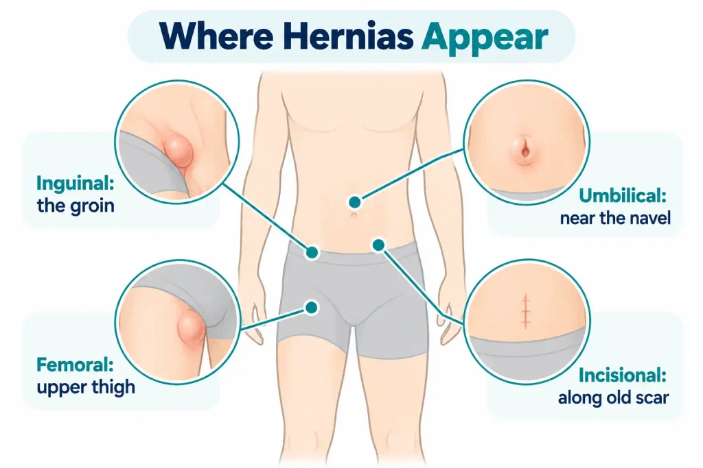 Infographic showing four common hernia types and their locations: inguinal hernia in the groin, femoral hernia in the upper thigh, umbilical hernia near the navel, and incisional hernia along an old surgical scar.