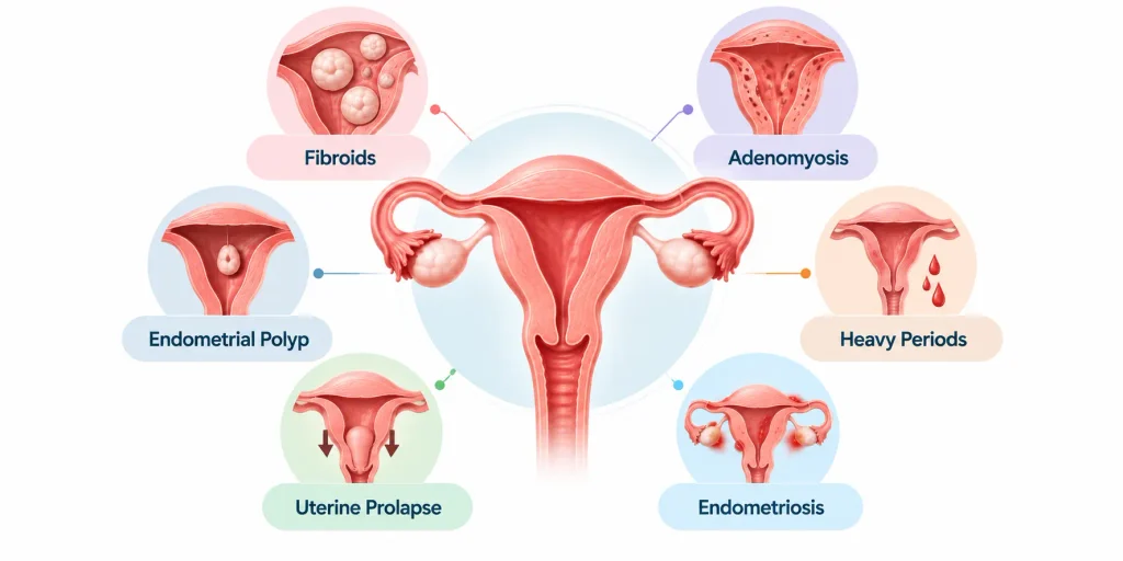 Infographic showing six uterine conditions: fibroids, adenomyosis, endometrial polyp, heavy periods, uterine prolapse, and endometriosis.