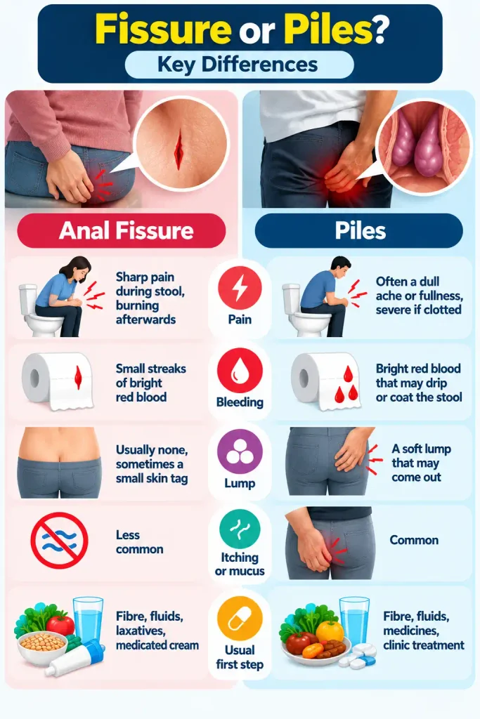 Infographic comparing anal fissure and piles symptoms, including pain during bowel movements, bleeding, lumps, itching, and common first-step treatments.