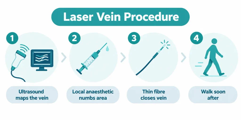Four-step laser vein procedure infographic showing ultrasound mapping, local anaesthesia, laser fibre treatment, and walking after the procedure.