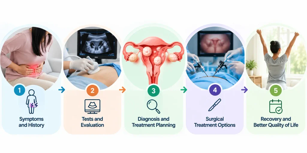 Infographic showing five stages of uterus surgery care, from symptom assessment and diagnostic tests to treatment planning, surgery, and recovery.