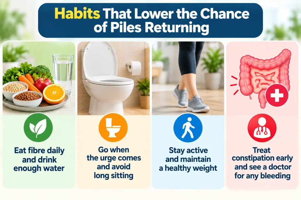 Infographic showing four habits to help prevent piles from returning: eating fibre-rich foods, drinking enough water, avoiding prolonged toilet sitting, staying active, and treating constipation early.