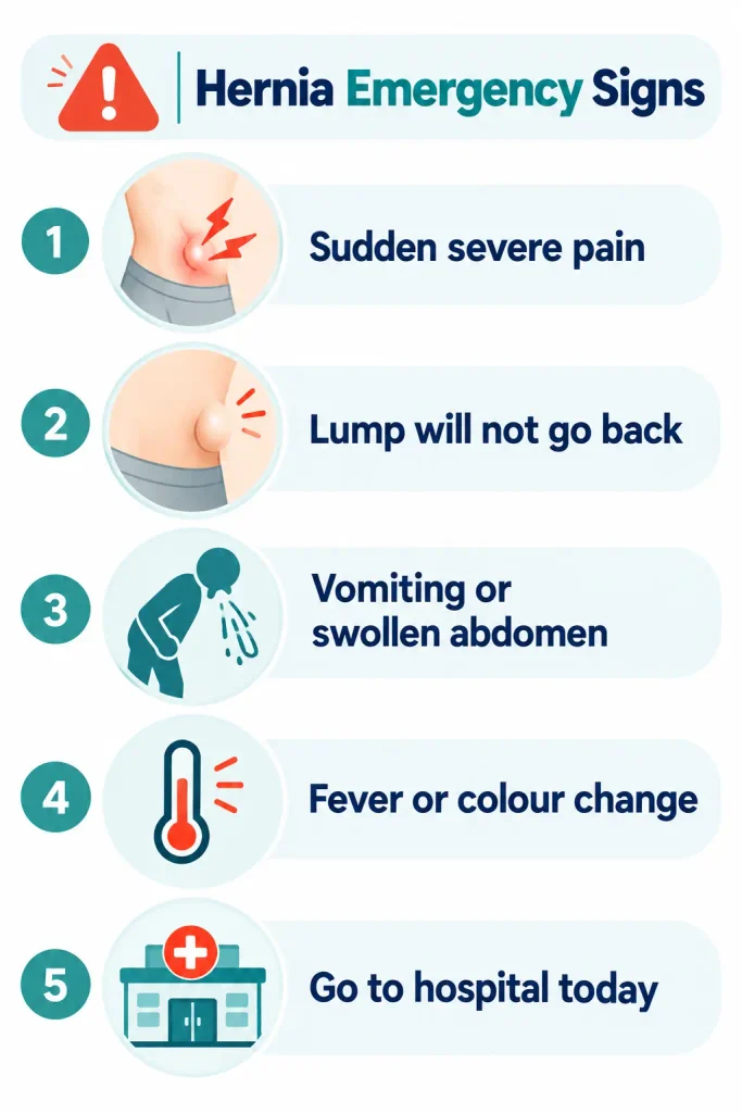 Infographic showing five emergency warning signs of a trapped hernia: sudden severe pain, a lump that will not go back, vomiting or a swollen abdomen, fever or skin colour changes, and the need for urgent hospital care.