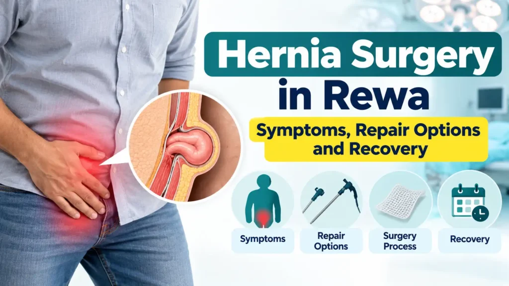 Hernia surgery in Rewa featured image showing an abdominal hernia illustration, a patient experiencing discomfort, and icons representing symptoms, repair options, surgery, and recovery.