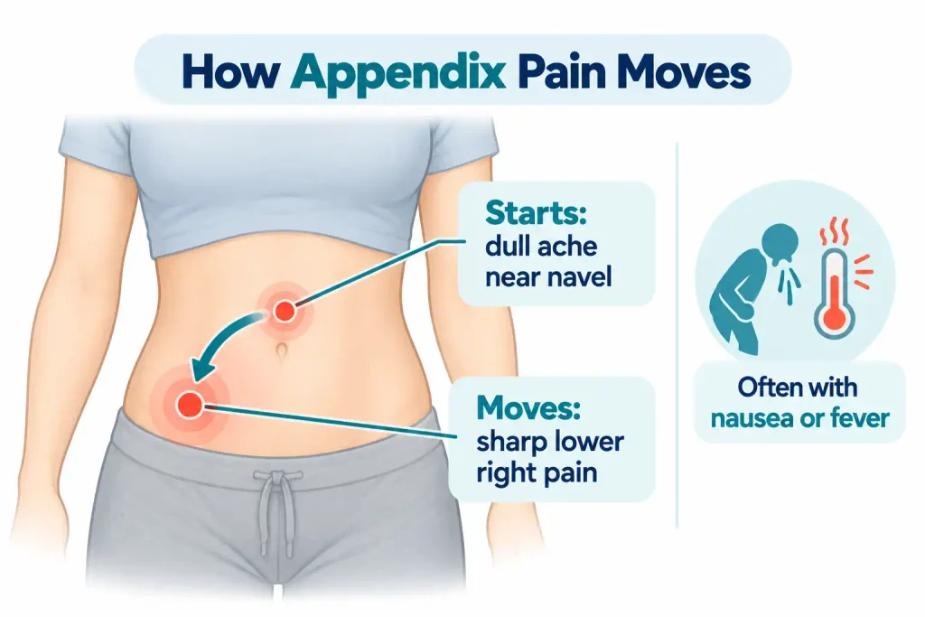 Infographic showing how appendicitis pain often moves from a dull ache near the navel to sharp pain in the lower right abdomen, sometimes accompanied by nausea or fever.