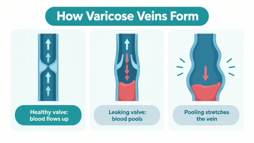 Infographic comparing healthy and leaking vein valves to explain how backward blood flow and pooling can contribute to varicose veins.