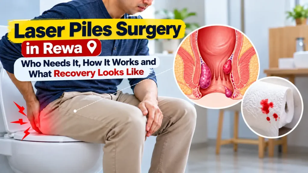 Featured image illustrating laser piles surgery in Rewa, with a patient experiencing discomfort and a medical illustration of haemorrhoids.