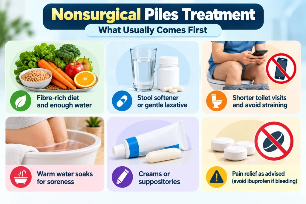 Infographic showing nonsurgical piles treatment options, including a fibre-rich diet, stool softeners, shorter toilet visits, warm water soaks, creams, and advised pain relief.