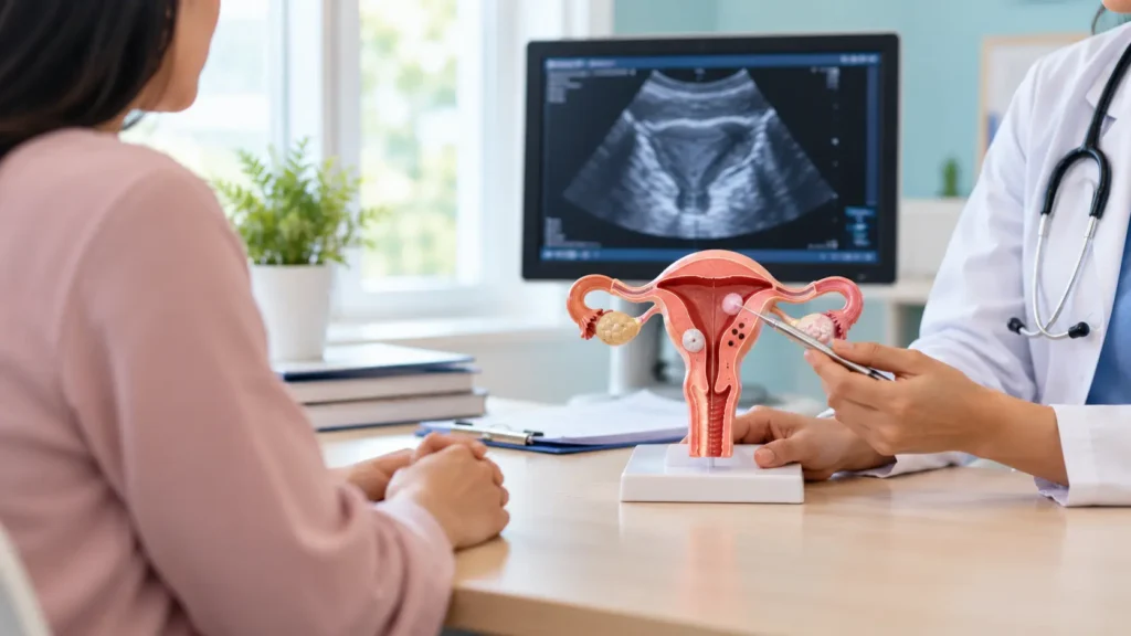 Gynaecologist explaining uterine conditions using a uterus model and ultrasound scan during a consultation.