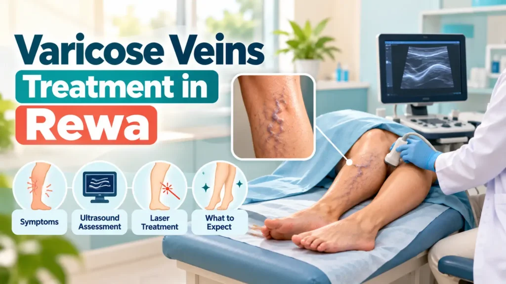 Varicose veins in the legs, with a close-up of enlarged veins and a clinical ultrasound examination.