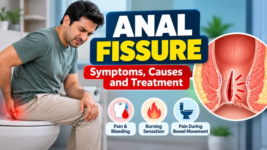Anal fissure infographic showing a patient experiencing pain during bowel movements, with an illustration of an anal tear and symptoms including burning and bleeding.